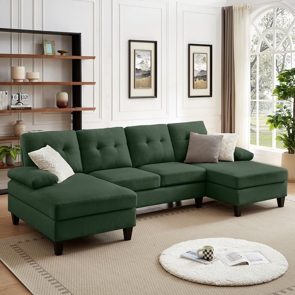 Sectional Sofa Olive Green U-Shaped with Double Chaise Layout