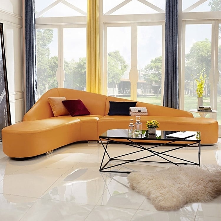Sectional Sofa Orange Faux Leather L-Shaped Contemporary