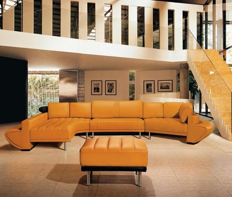 Sectional Sofa Orange Leather-Like U-Shaped Integrated Lighting Layout