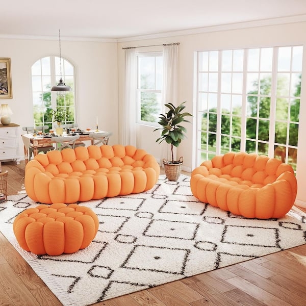 Sectional Sofa Orange Mesh Fabric Bubble Tufting