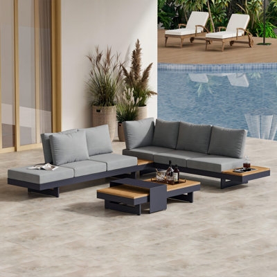 Sectional Sofa Outdoor Slatted Teak Base Aluminum Accents Gray Cushions