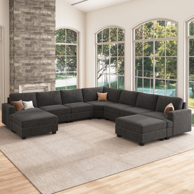 Sectional Sofa Oversized Modular Layout Dark Gray Storage Ottoman