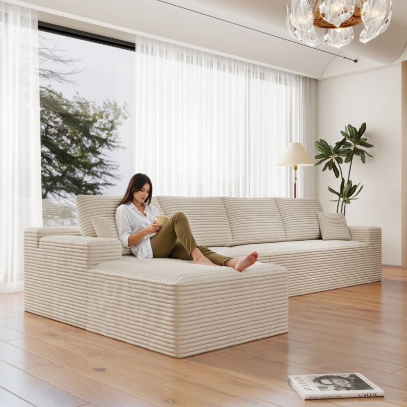 Sectional Sofa Overstuffed Cushions Chaise Longue Corduroy White