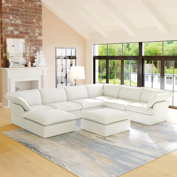 Sectional Sofa Overstuffed Cushions U Shaped Layout Modular Linen Like