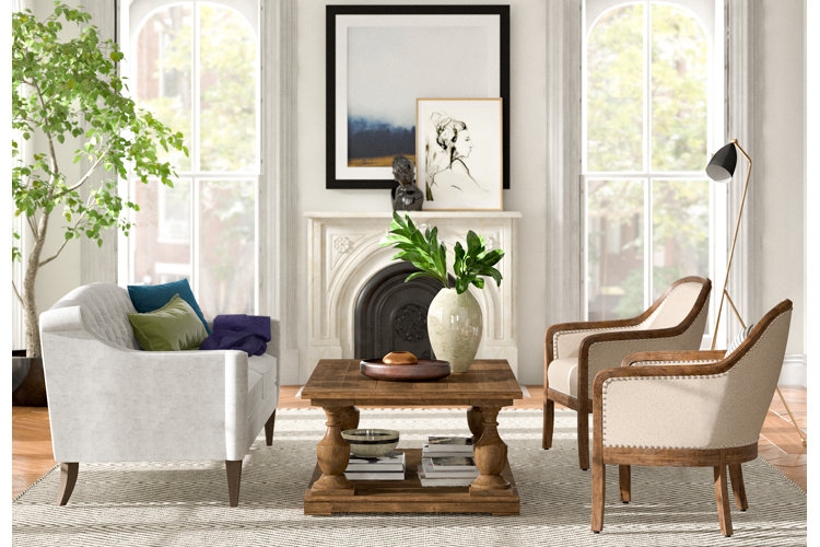 Sectional Sofa Paired With Plaid Accent Chairs in Transitional Layout