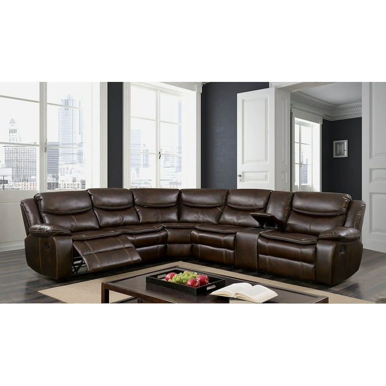 Sectional Sofa Pillow Top Arms Motion Reclining Cup Holders Brown