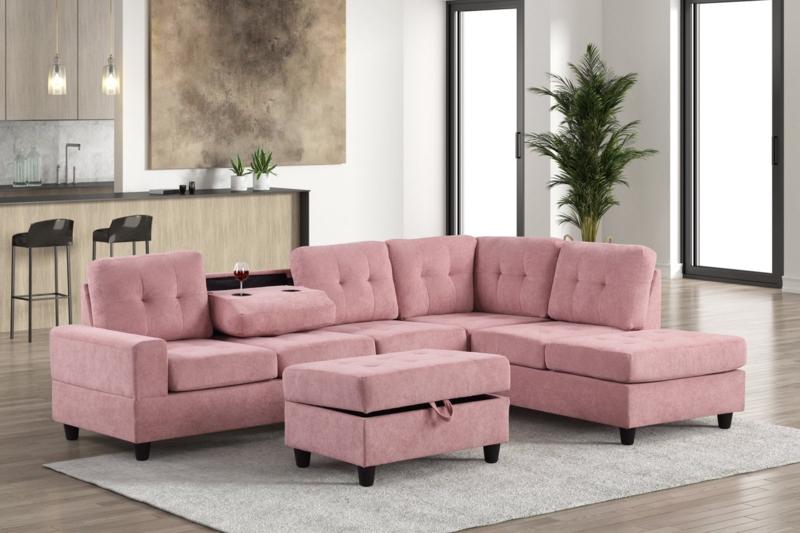 Sectional Sofa Pink Tufted Reversible Chaise Modern Layout