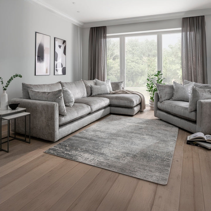 Sectional Sofa Piped Edges Grey Chenille Chrome Legs Contemporary