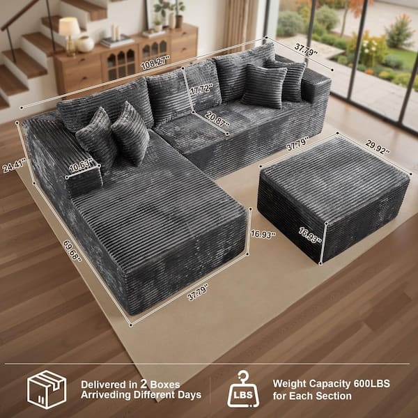 Sectional Sofa: Plush L-Shaped Lounge Sofa, Gray Corduroy Matching Ottoman