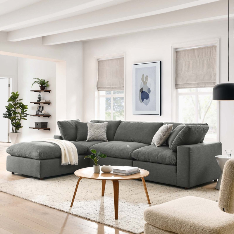 Sectional Sofa Plush Low Profile Seating Overstuffed Modular Gray