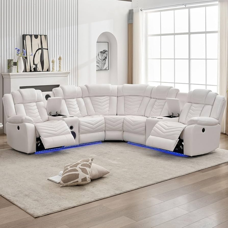 Sectional Sofa Power Recliner Black Leather-Like Modern Home Theater