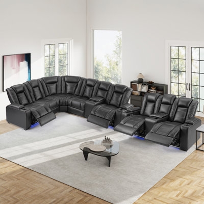 Sectional Sofa Power Reclining Black Leather-Like with LED Lighting