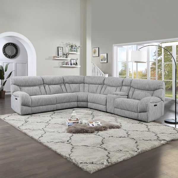 Sectional Sofa Power Reclining Console in Pearl Silver Gray Fabric