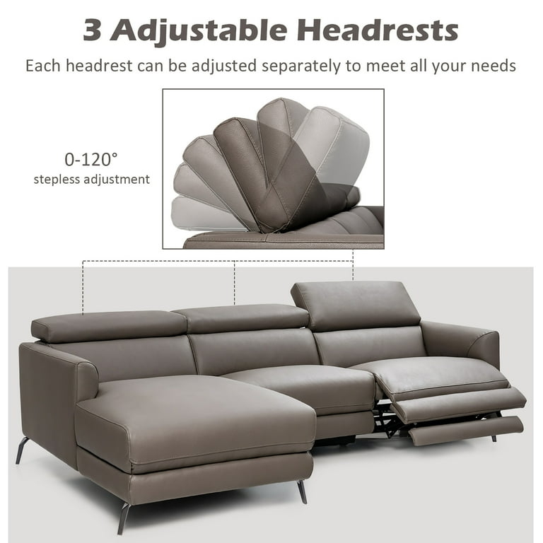 Sectional Sofa Power Reclining Grey Leather-Like Adjustable Headrests