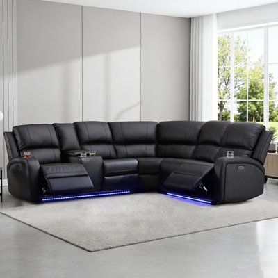 Sectional Sofa Power Reclining LED Lighting Charcoal Leather-Like