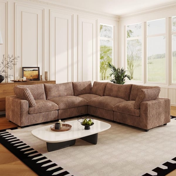 Sectional Sofa Rabbit Plush Fabric Modular Brown Cozy Minimalist Living Room