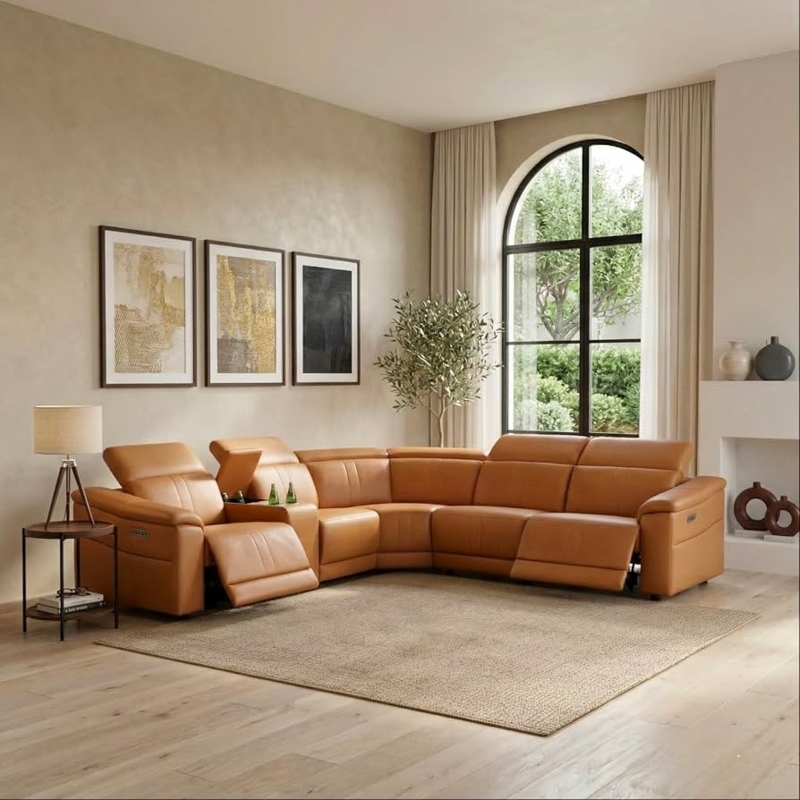 Sectional Sofa Reclining Function Tan Leather-Like Storage Console