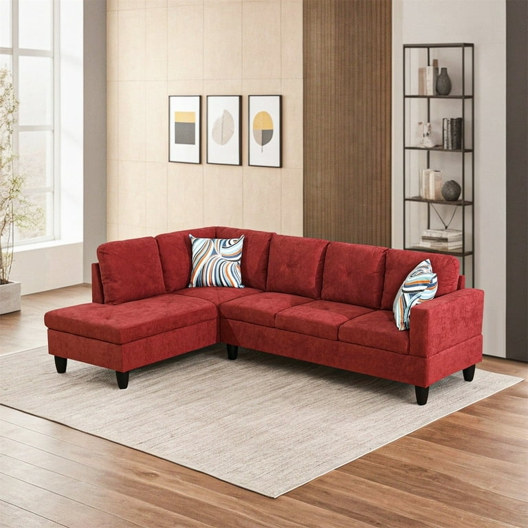 Sectional Sofa Red L-Shaped Faux Leather with Chrome Legs Tufted