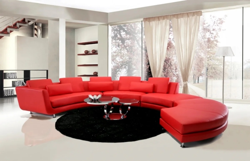 Sectional Sofa Red Leather-Like L-Shaped Adjustable Headrests Ottoman
