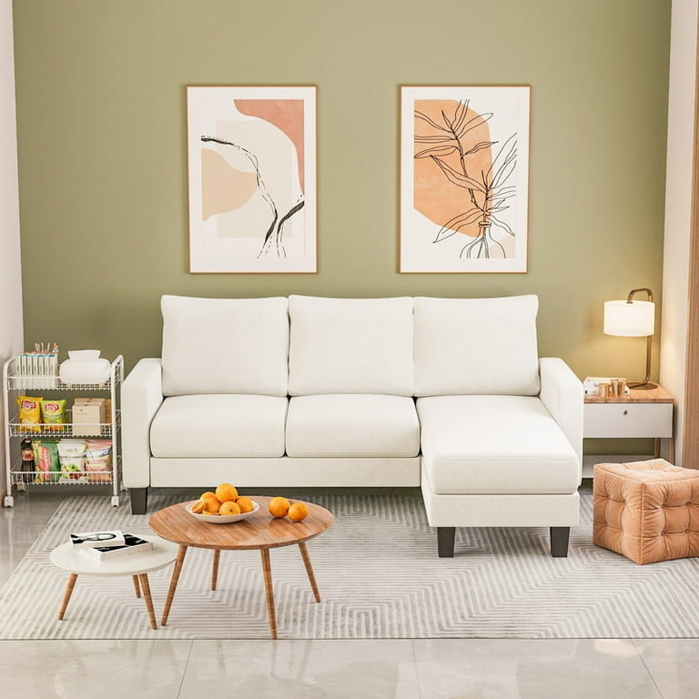 Sectional Sofa Reversible Chaise Linen White Compact Living RoomLayout