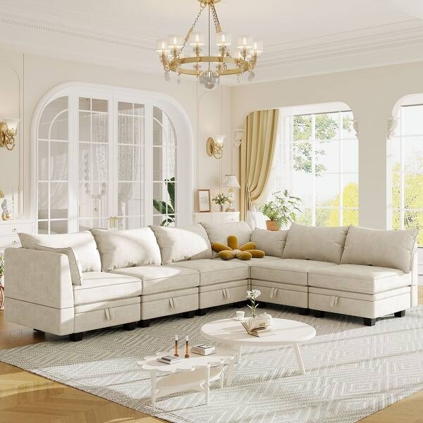 Sectional Sofa Reversible Chaise Oatmeal Linen-Like Spacious Styling