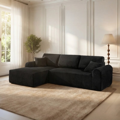 Sectional Sofa Ribbed Corduroy Cream Low Profile Modular L-Shape