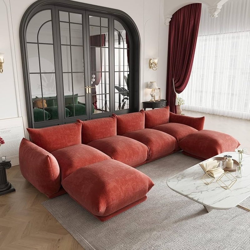 Sectional Sofa, Ribbed Red Chenille, U-Shaped Modular Boxy Form