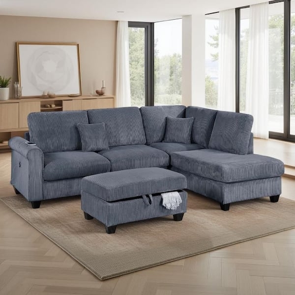 Sectional Sofa Ribbed Texture Dark Gray Ottoman Modern Corduroy Couch