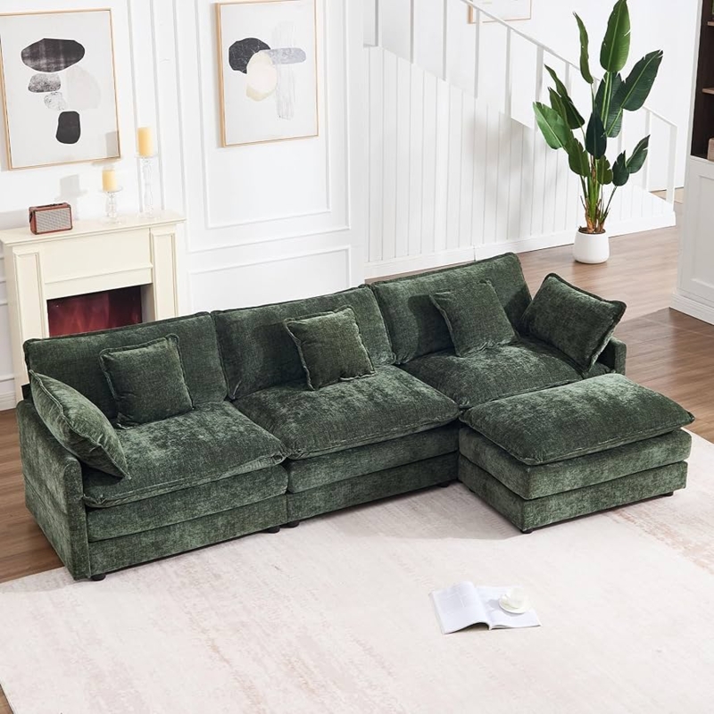 Sectional Sofa, Sage Green Chenille, Low Profile Modular Design