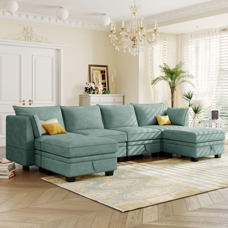 Sectional Sofa Sage Green Modular Low Profile U-Shaped Layout