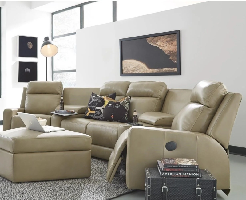 Sectional Sofa Sesame Leather-Like Power Reclining with Storage Consoles