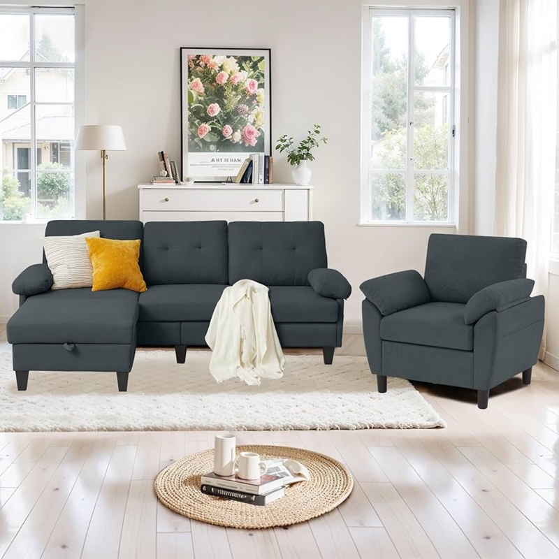 Sectional Sofa Set Dark Grey With Accent Chair L-Shaped Couch
