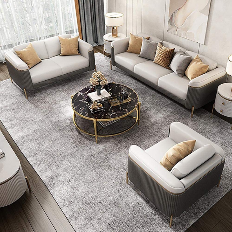 Sectional Sofa Set Gray Beige Two-Tone Low Profile Track Arms Modern