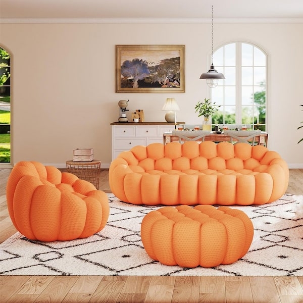 Sectional Sofa Set Orange Bubble Texture Curved 3 Piece