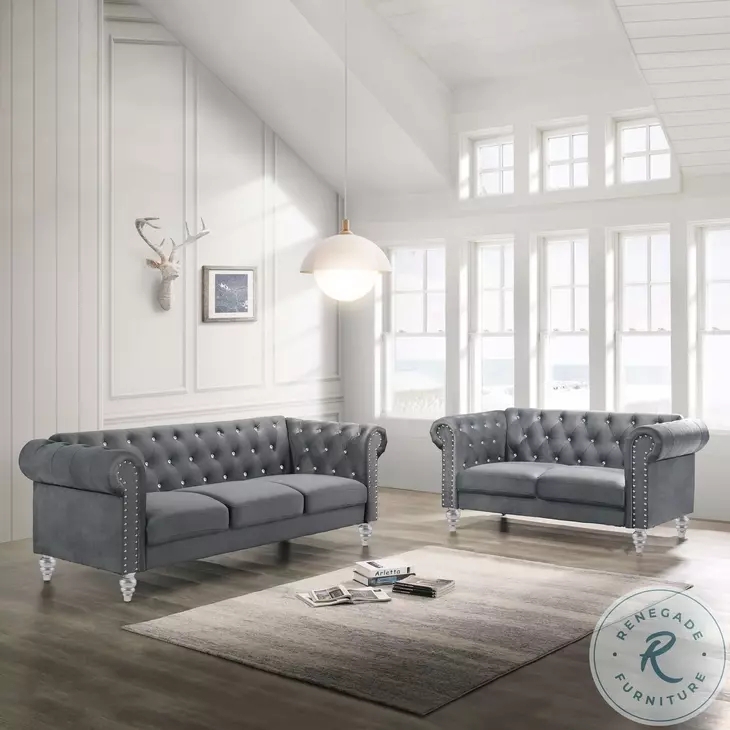 Sectional Sofa Slate Gray Upholstery L-Shaped Tufted Back