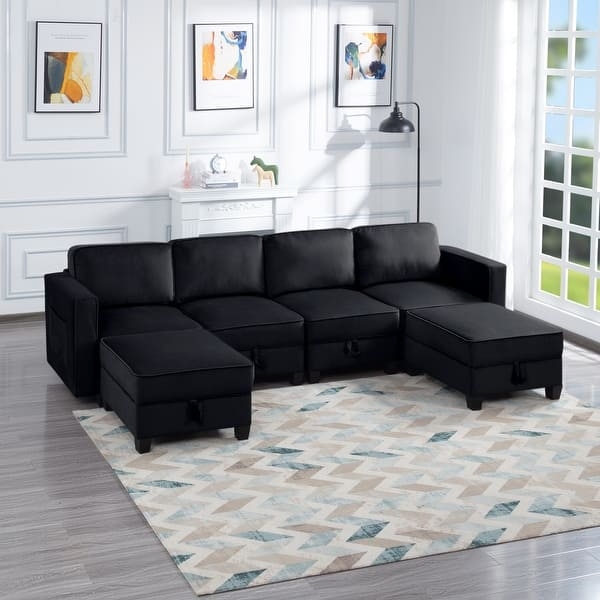 Sectional Sofa Storage Drawers U-Shaped Teal Velvet Tufted Seat Glam