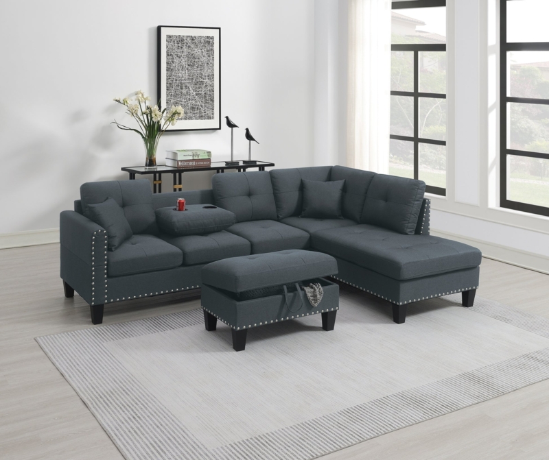 Sectional Sofa Storage Ottoman Built In Cup Holders Charcoal Tufted
