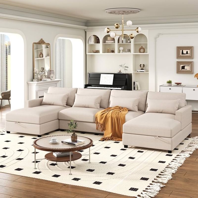 Sectional Sofa Symmetrical Chaises U-Shaped Layout Cream Oversized