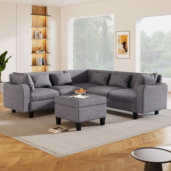 Sectional Sofa Symmetrical L-Shape Tapered Legs Cream Linen