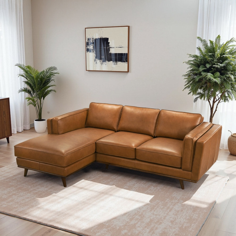 Sectional Sofa Tan LAF Chaise Tapered Legs Bolsters Bright Airy