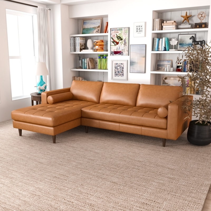 Sectional Sofa Tan Leather Left Facing Chaise Tapered Wood Legs