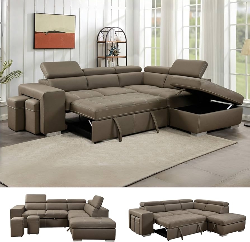 Sectional Sofa Tan Microfiber L-Shaped Storage Ottoman Adjustable Headrest