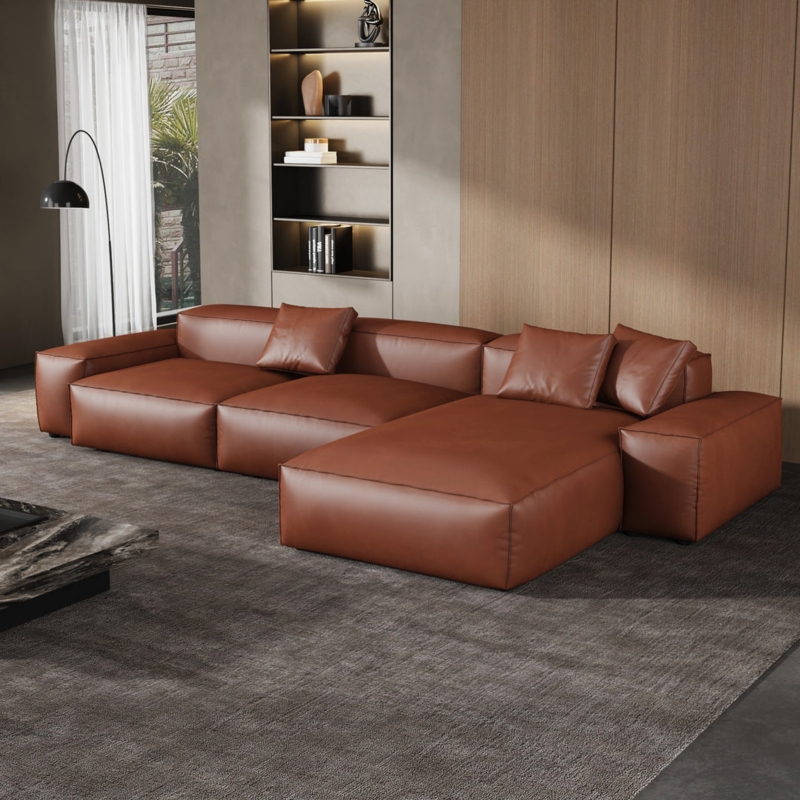 Sectional Sofa Tan Modular Block Construction Pillowy Low Profile