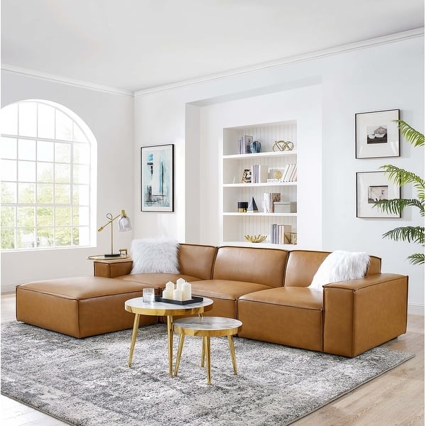 Sectional Sofa Tan Vegan Leather 4-Piece Modular Vertical Channel Tufting