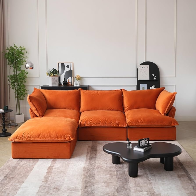 Sectional Sofa Tapered Wood Legs Orange Velvet Mid-Century Modern
