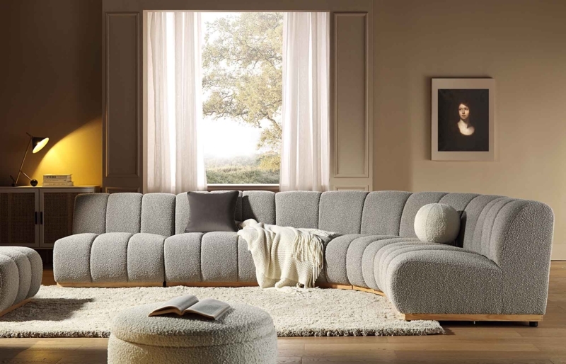 Sectional Sofa Taupe Boucle L-Shaped Low Profile Contemporary
