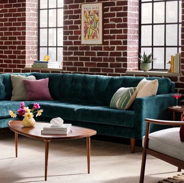 Sectional Sofa Teal Blue Velvet Like Tufted Seat Bolsters Mid Century