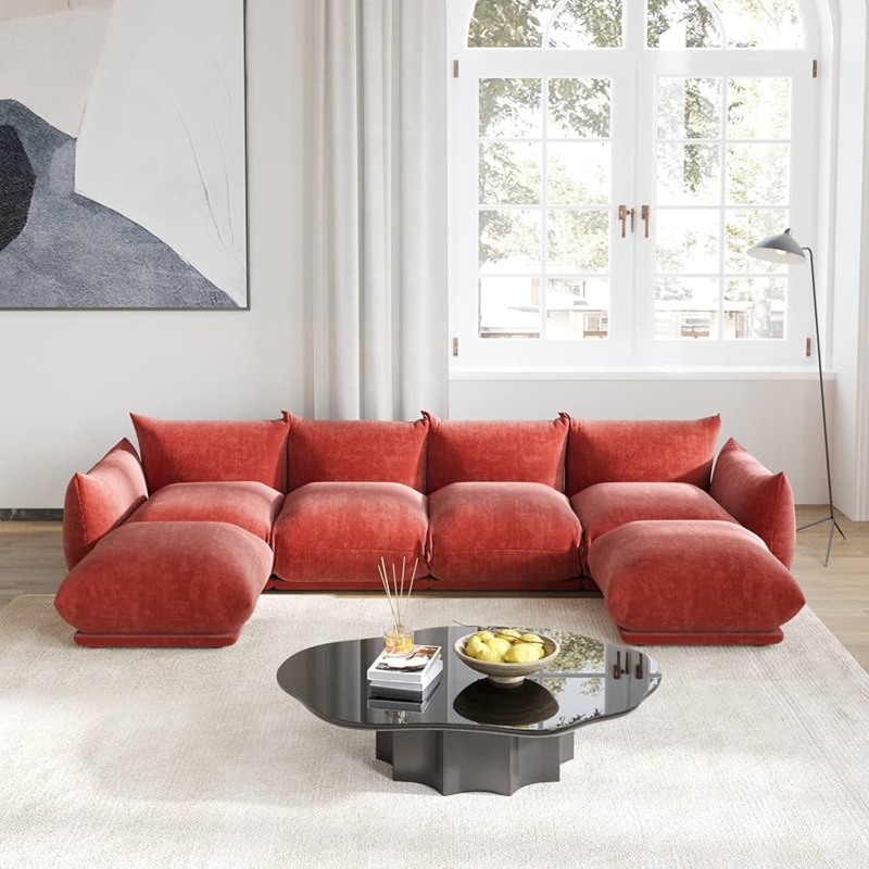 Sectional Sofa, Terracotta Red U-Shaped, Modular Blocks, Tapered Legs
