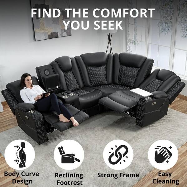 Sectional Sofa Theater Style Black Integrated Consoles Leather Look