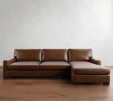 Sectional Sofa Tobacco Leather Square Arms Right Chaise Transitional